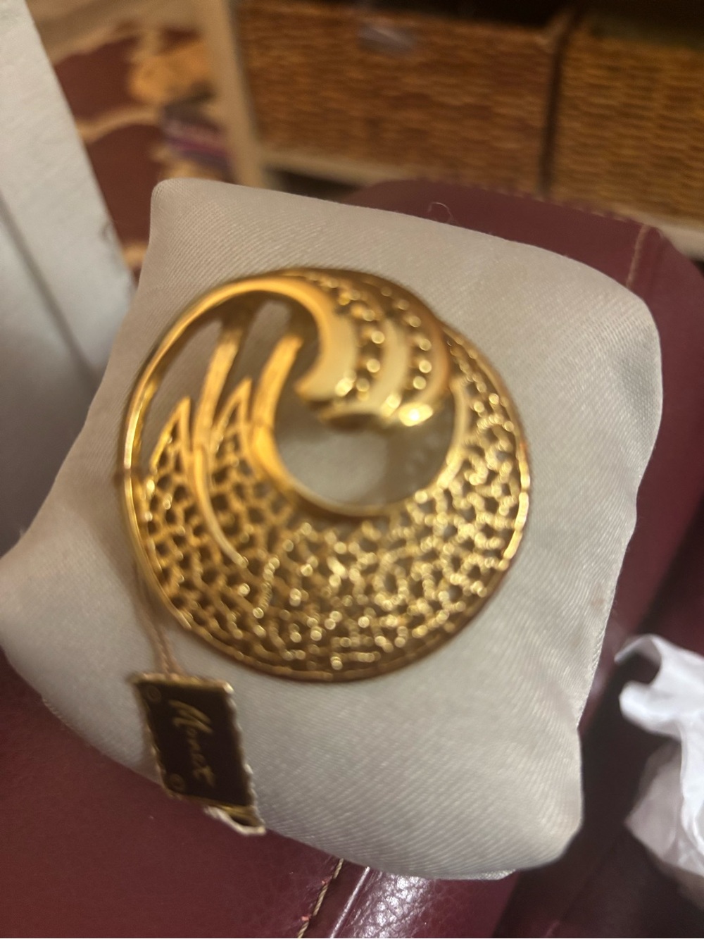 Gold Filigree Monet Crescent Brooch -